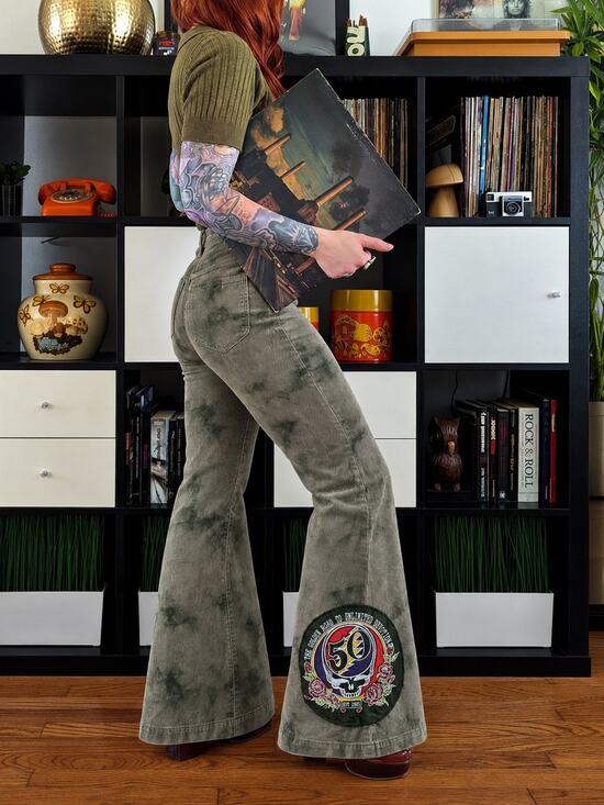 Grateful Dead Pants - Grateful Dead Corduroy Pants Womens S Olive Green Tie Dye 50th Patch Hippie Boho